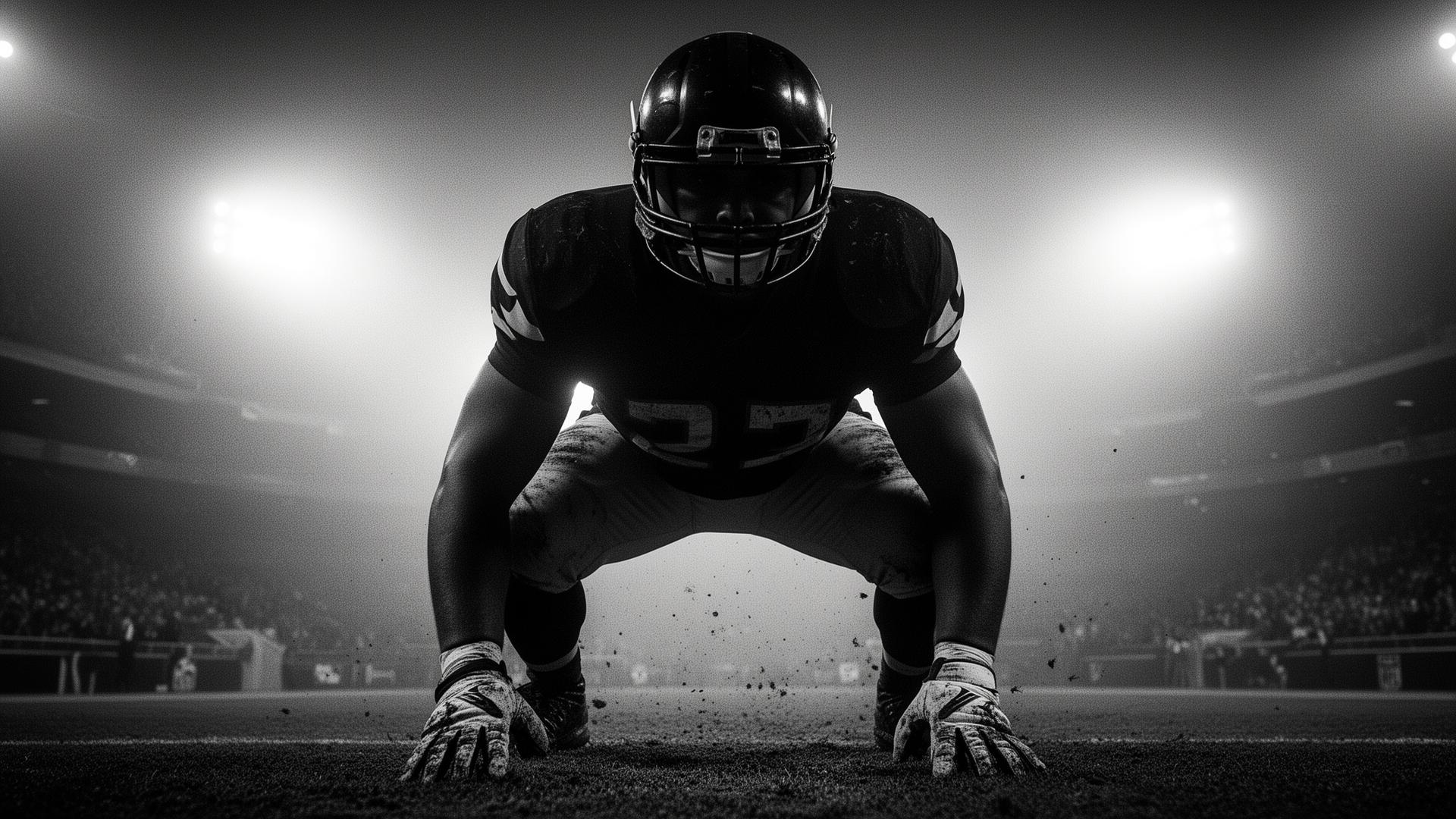 Football lineman in three-point stance backlit by stadium lights