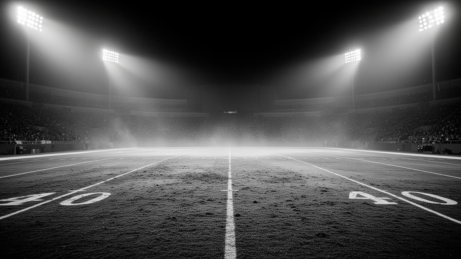 Empty football field under stadium lights at night