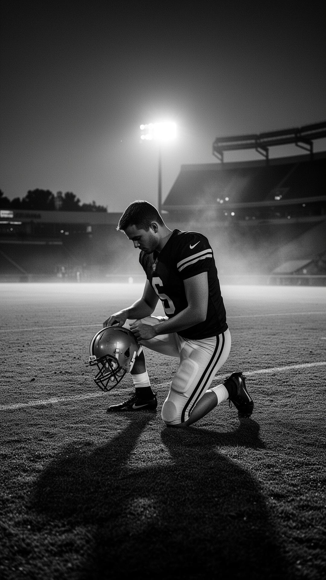 Football player kneeling alone on a field at dusk under stadium lights