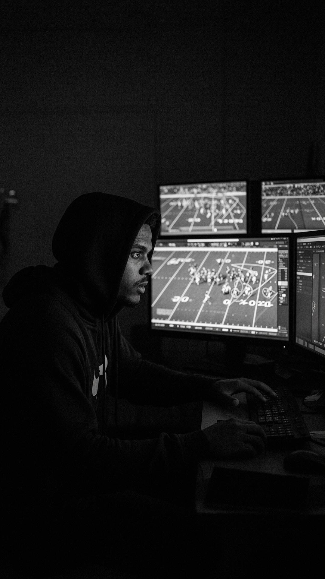 Athlete studying football film on monitors in a dim room