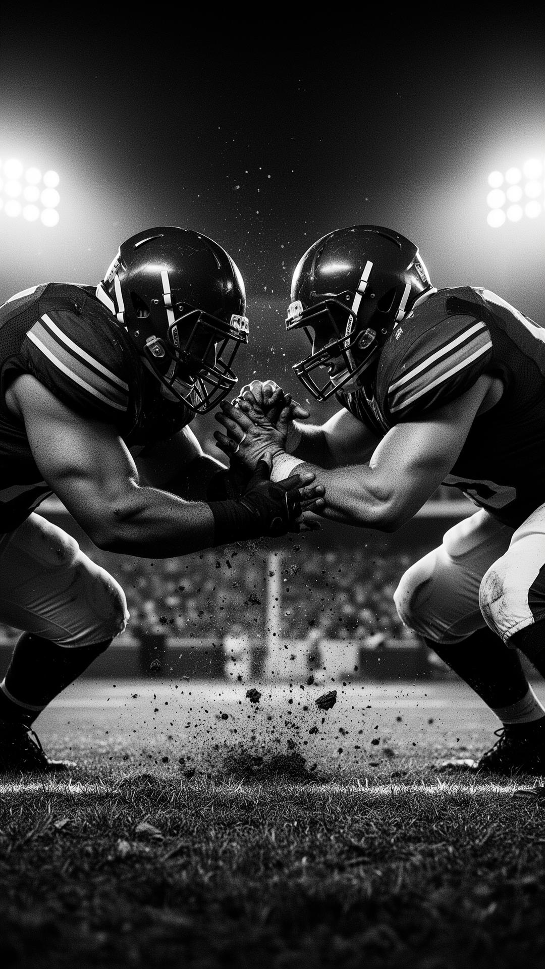 Two linemen collide at the line of scrimmage with dirt kicked up between them